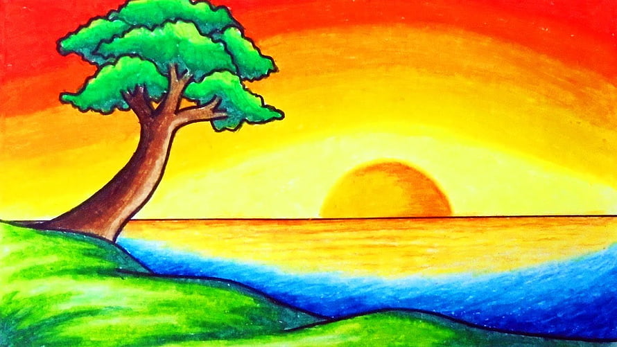 Vibrant Sunset Landscape with Lush Green Tree and Ocean Horizon HD wallpaper