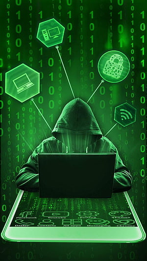 Hacker in Hoodie at Laptop with Digital Security Icons and Binary Code Background HD phone wallpaper