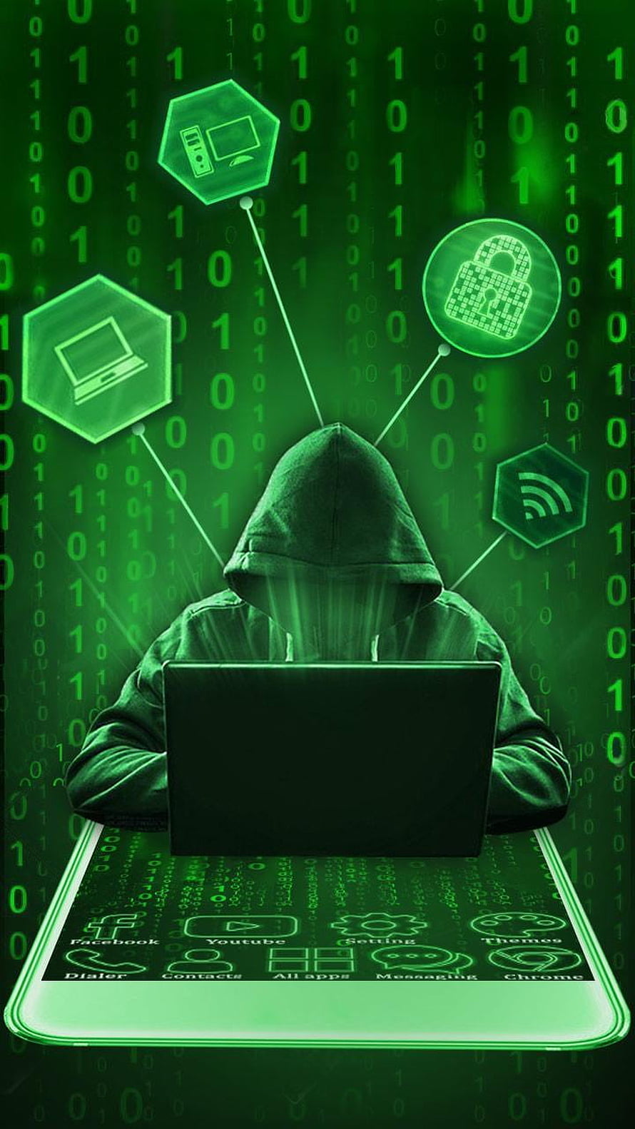 Hacker in Hoodie at Laptop with Digital Security Icons and Binary Code Background HD phone wallpaper