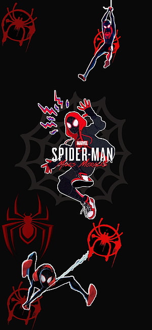 Spider-Man Miles Morales Animated Action Poster with Red Spider Emblems on Black Background HD phone wallpaper