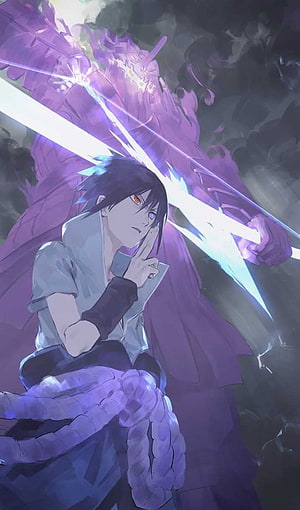 Sasuke Uchiha with Rinnegan and Susanoo in Purple Chakra Aura HD phone wallpaper