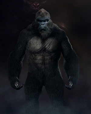 King Kong Standing Upright in Dark Misty Atmosphere with Intense Glowing Eyes HD phone wallpaper