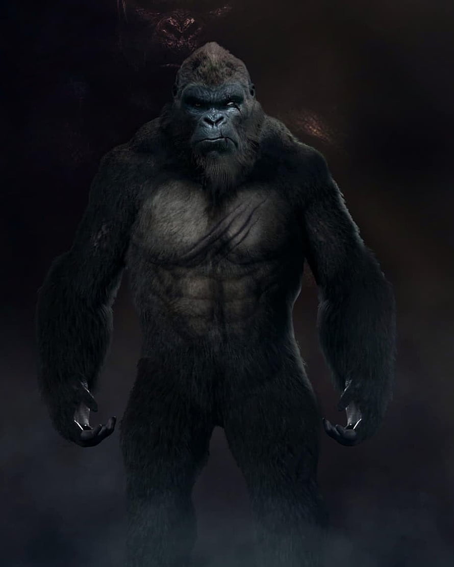 King Kong Standing Upright in Dark Misty Atmosphere with Intense Glowing Eyes HD phone wallpaper