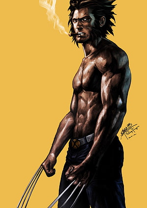 Wolverine comic book illustration with extended adamantium claws and cigar against yellow background HD phone wallpaper