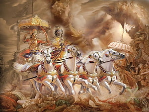 Krishna and Arjuna on the Divine Chariot in the Bhagavad Gita Battle Scene HD wallpaper
