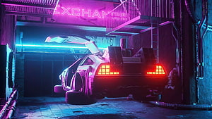 DeLorean Time Machine in Neon-Lit Cyberpunk Alley with Glowing Taillights HD wallpaper
