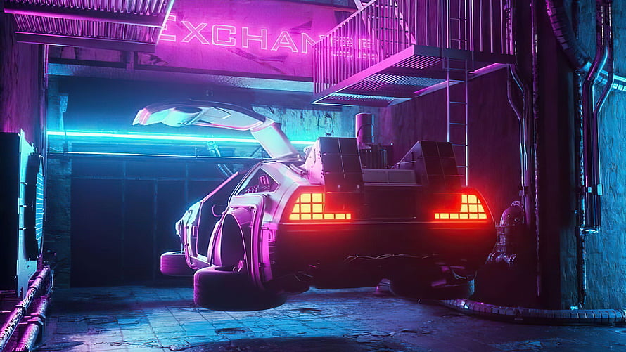 DeLorean Time Machine in Neon-Lit Cyberpunk Alley with Glowing Taillights HD wallpaper