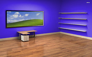 Modern Empty Office Room With Blue Walls, Wooden Floor, Desk, and Wall-Mounted Shelves HD wallpaper