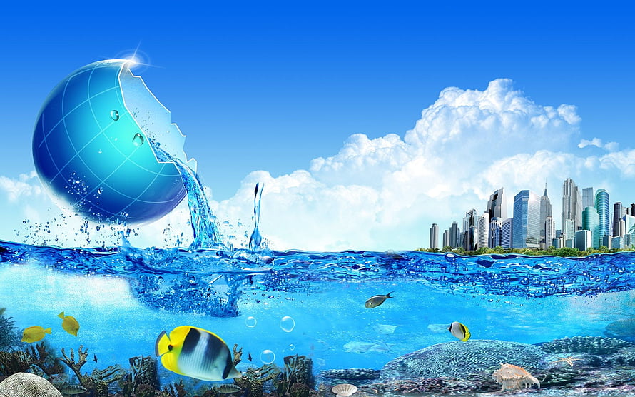 Surreal Ocean Scene With Water Globe, Tropical Fish, Coral Reef, and City Skyline HD wallpaper