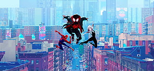 Spider-Man: Into the Spider-Verse Animated Cityscape with Miles Morales and Gwen Stacy HD wallpaper