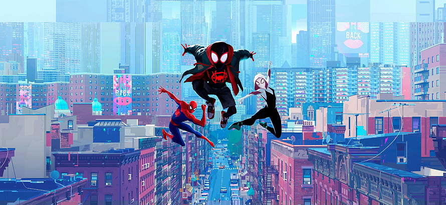 Spider-Man: Into the Spider-Verse Animated Cityscape with Miles Morales and Gwen Stacy HD wallpaper