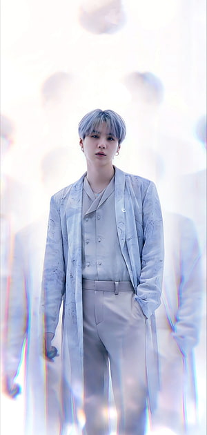 Suga BTS in a Light Grey Suit with Silver Hair and Ethereal Background HD phone wallpaper