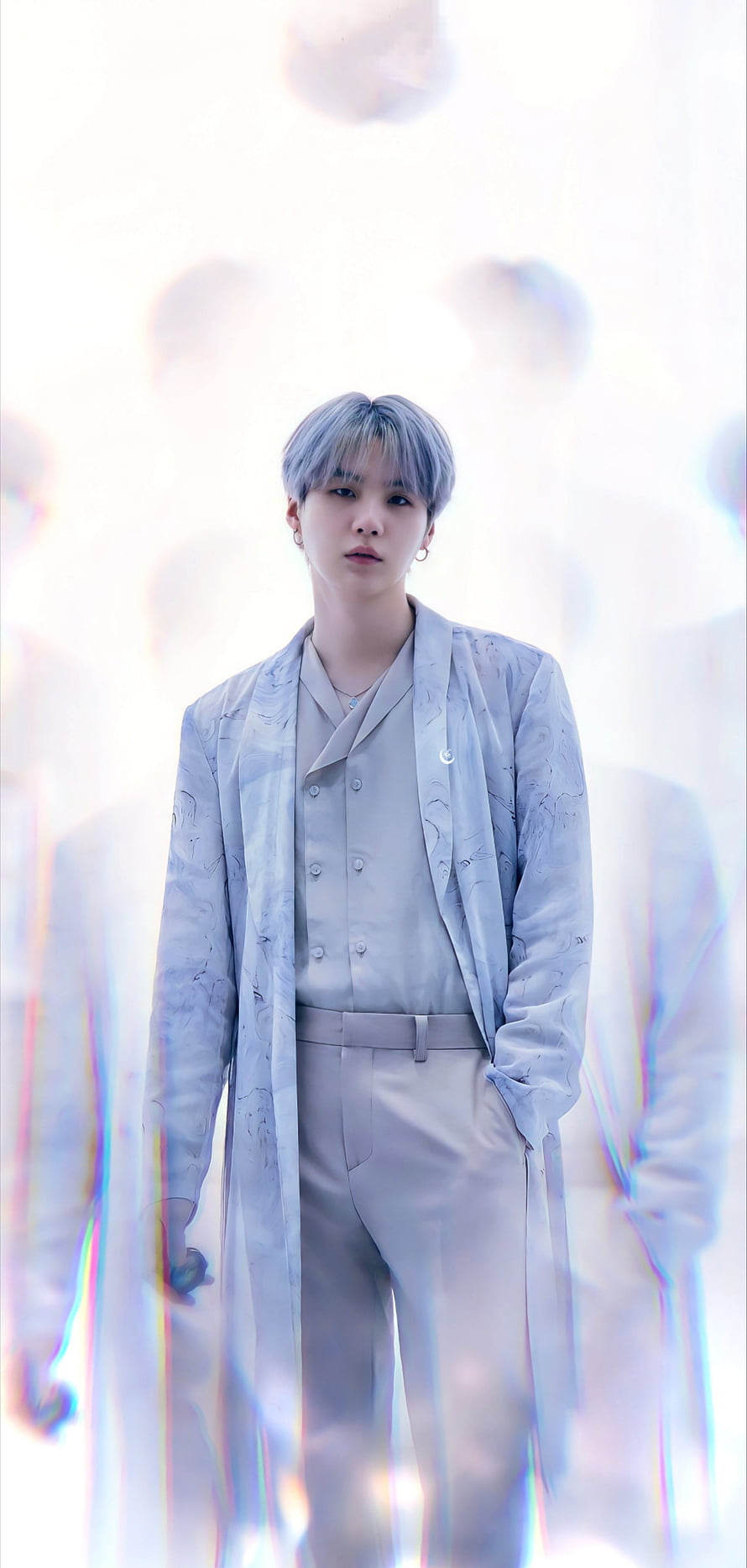 Suga BTS in a Light Grey Suit with Silver Hair and Ethereal Background HD phone wallpaper