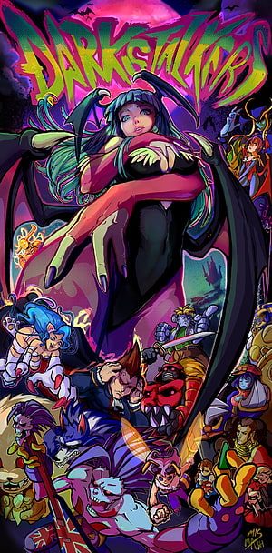 Darkstalkers Villain Ensemble Poster Featuring Morrigan Aensland and Classic Capcom Characters HD phone wallpaper