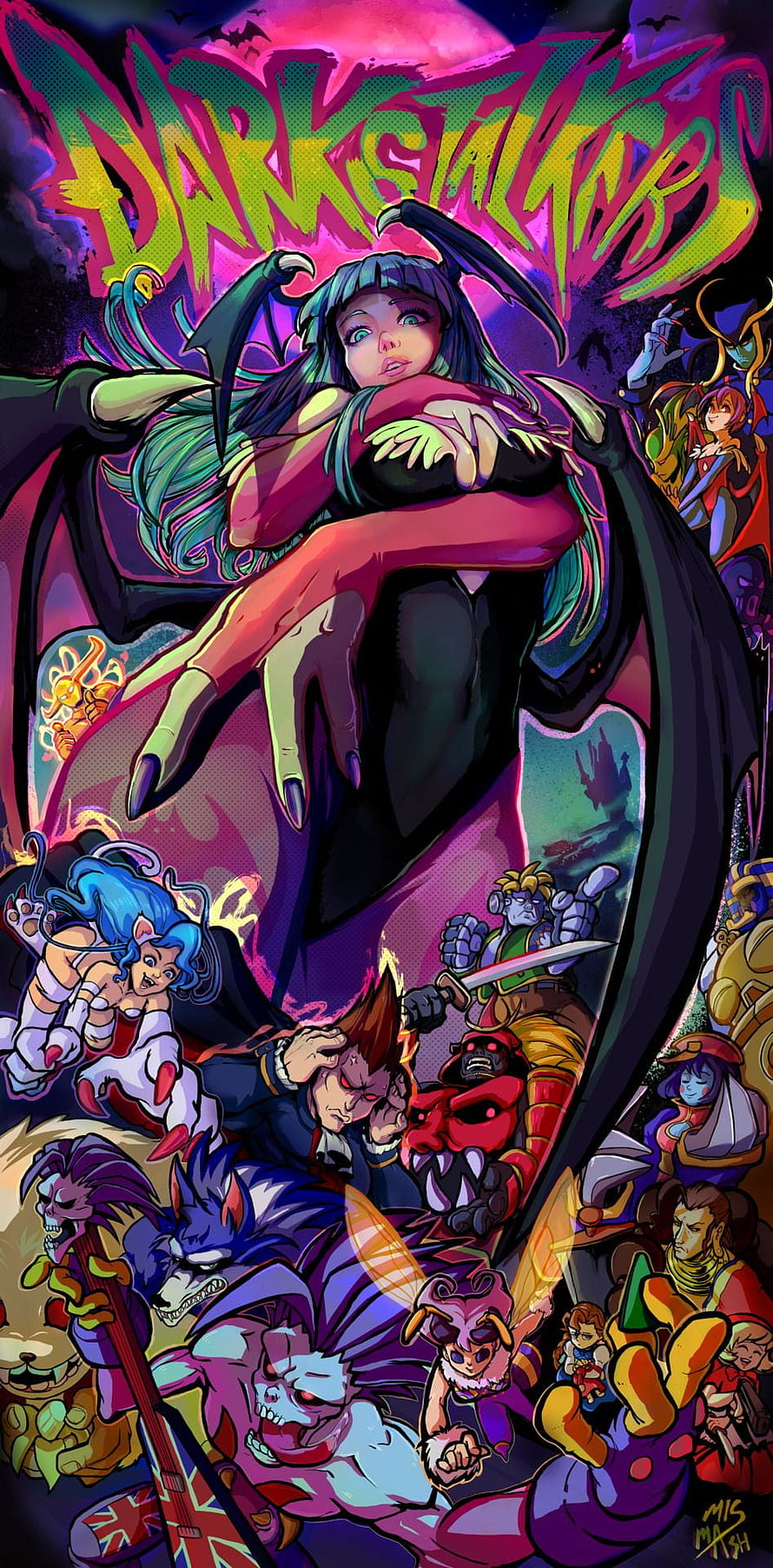 Darkstalkers Villain Ensemble Poster Featuring Morrigan Aensland and Classic Capcom Characters HD phone wallpaper