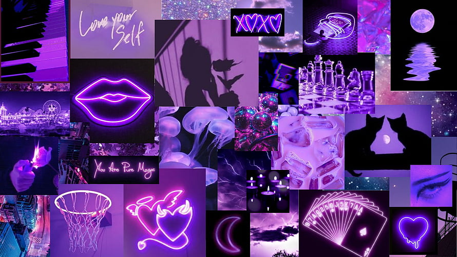 Purple Aesthetic Collage Featuring Neon Signs, Silhouettes, and Dark Fantasy Elements HD wallpaper