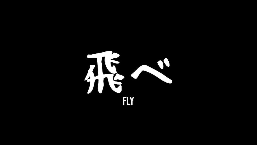 Haikyuu Fly Banner with Japanese Calligraphy and English Text on Black Background HD wallpaper
