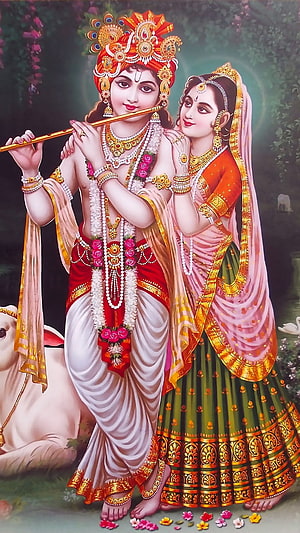 Radha Krishna Playing Flute in Traditional Indian Attire with Floral Garland HD phone wallpaper