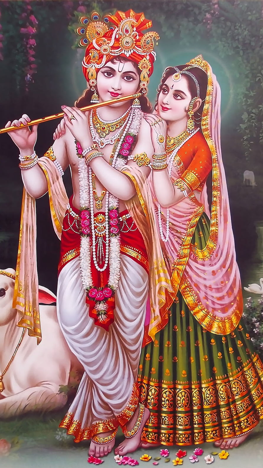Radha Krishna Playing Flute in Traditional Indian Attire with Floral Garland HD phone wallpaper