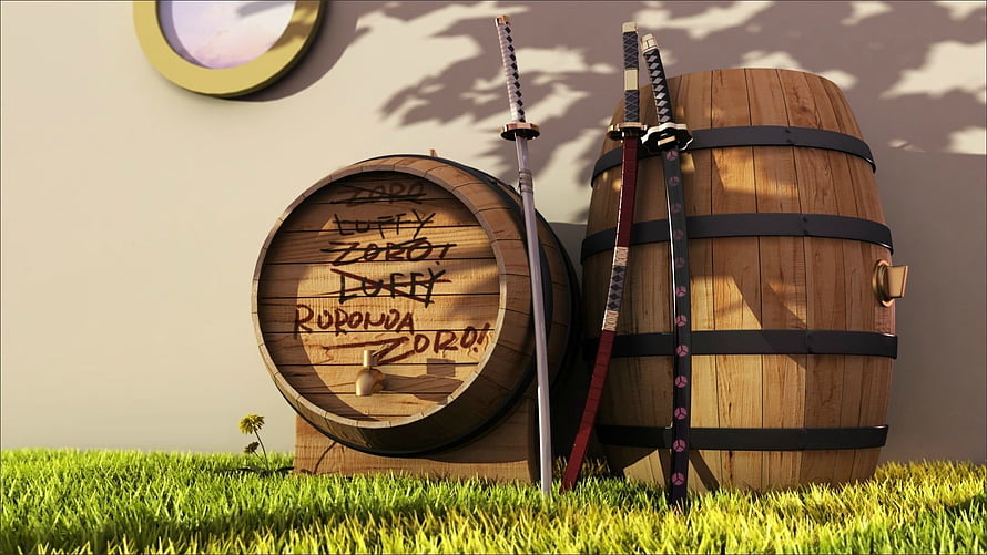 Roronoa Zoro's Three Swords Leaning Against Wooden Barrels in One Piece HD wallpaper