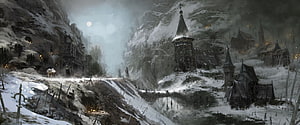 Diablo IV Snowy Mountain Village Concept Art with Dark Gothic Architecture and Moonlit Atmosphere HD wallpaper