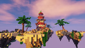 Minecraft BedWars Floating Island Map with Tower and Palm Trees at Sunset HD wallpaper