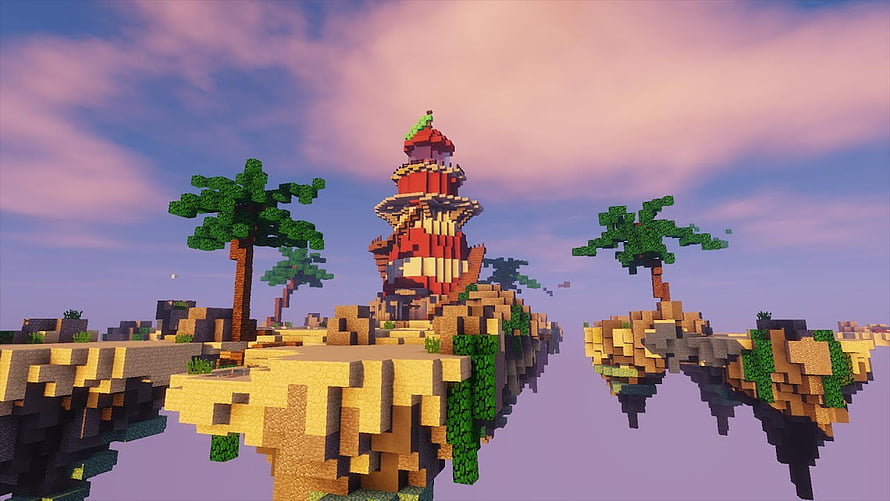 Minecraft BedWars Floating Island Map with Tower and Palm Trees at Sunset HD wallpaper