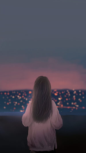 Anime Girl Gazing at City Lights at Dusk HD phone wallpaper