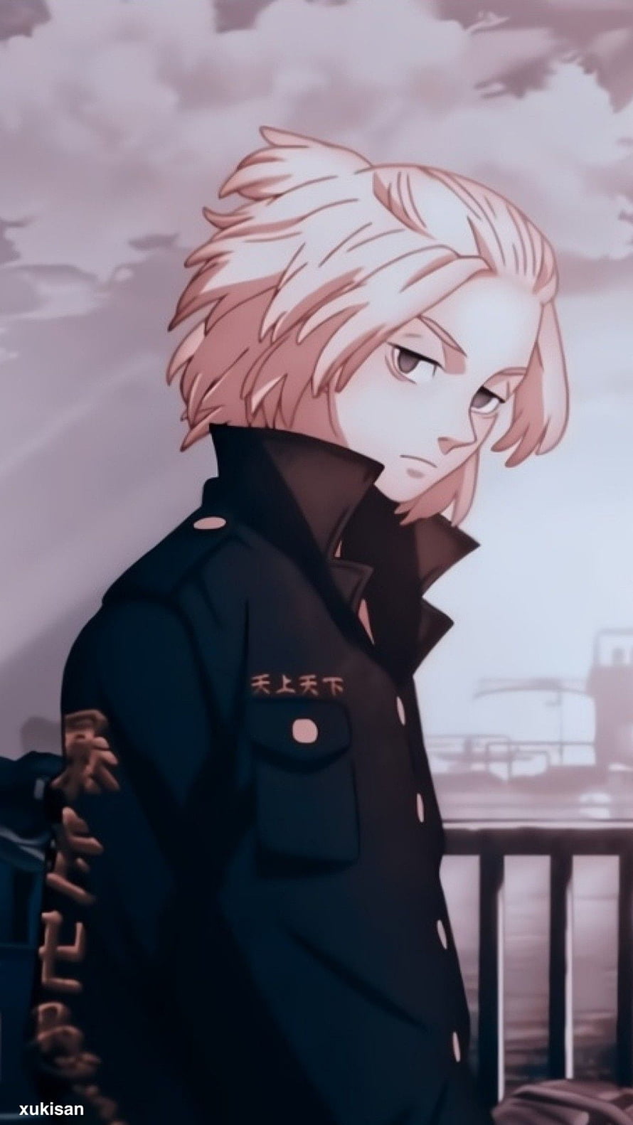 Mikey from Tokyo Revengers in a dark uniform against a cloudy sky HD phone wallpaper
