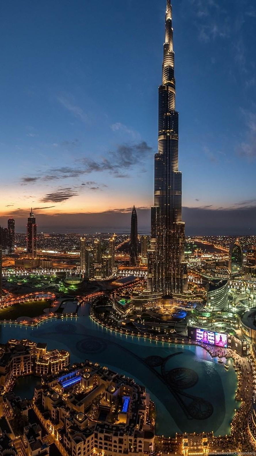 Burj Khalifa and Dubai Fountain at Dusk with City Lights HD phone wallpaper