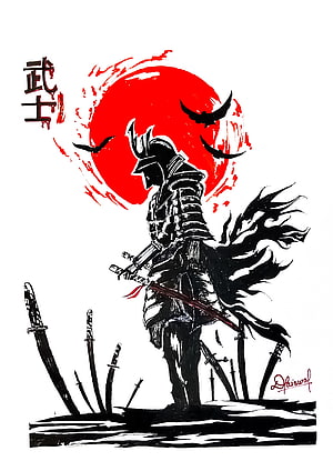 Samurai Warrior Silhouette Against Red Sun With Swords and Crows HD phone wallpaper