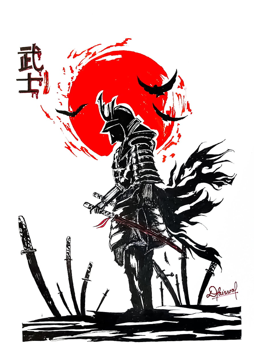 Samurai Warrior Silhouette Against Red Sun With Swords and Crows HD phone wallpaper