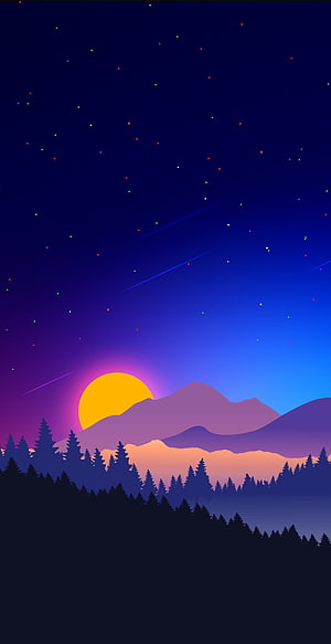Minimalist Synthwave Night Sky with Mountains, Pine Forest, and Shooting Stars HD phone wallpaper