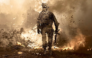 Call of Duty Modern Warfare soldier walking through fiery battlefield explosion HD wallpaper