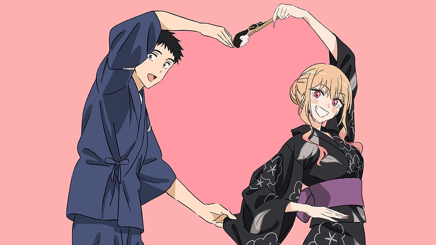 Wakana Gojo and Marin Kitagawa in Yukata Forming a Heart Shape HD wallpaper