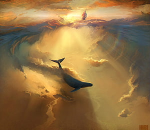 Surreal Whale Swimming Through Golden Clouds Toward a Distant Ship at Sunset HD wallpaper