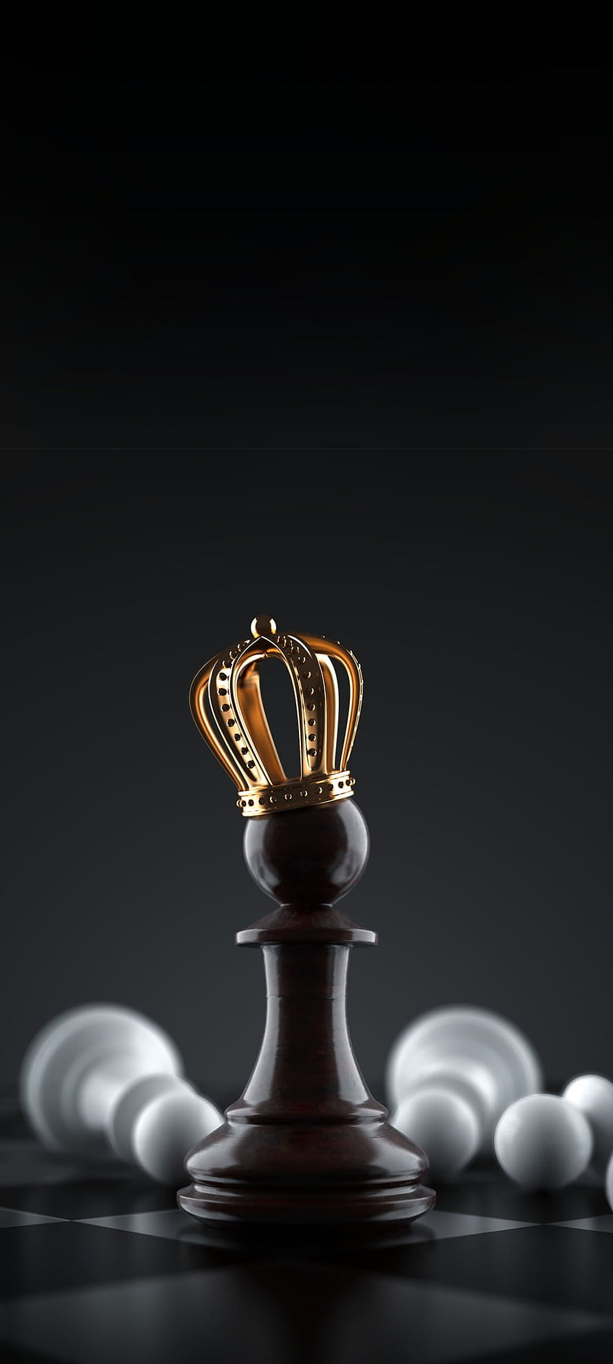 Dark wooden chess king crowned in gold standing on a checkered board with fallen white pieces HD phone wallpaper