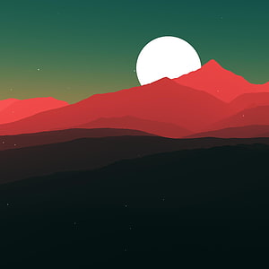 Minimalist Mountain Landscape with Full Moon and Layered Ridges in Flat Vector Style HD phone wallpaper