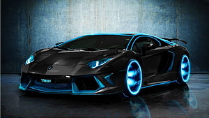 Tron Style Lamborghini Aventador with Neon Blue Accents and Glowing Wheels HD wallpaper