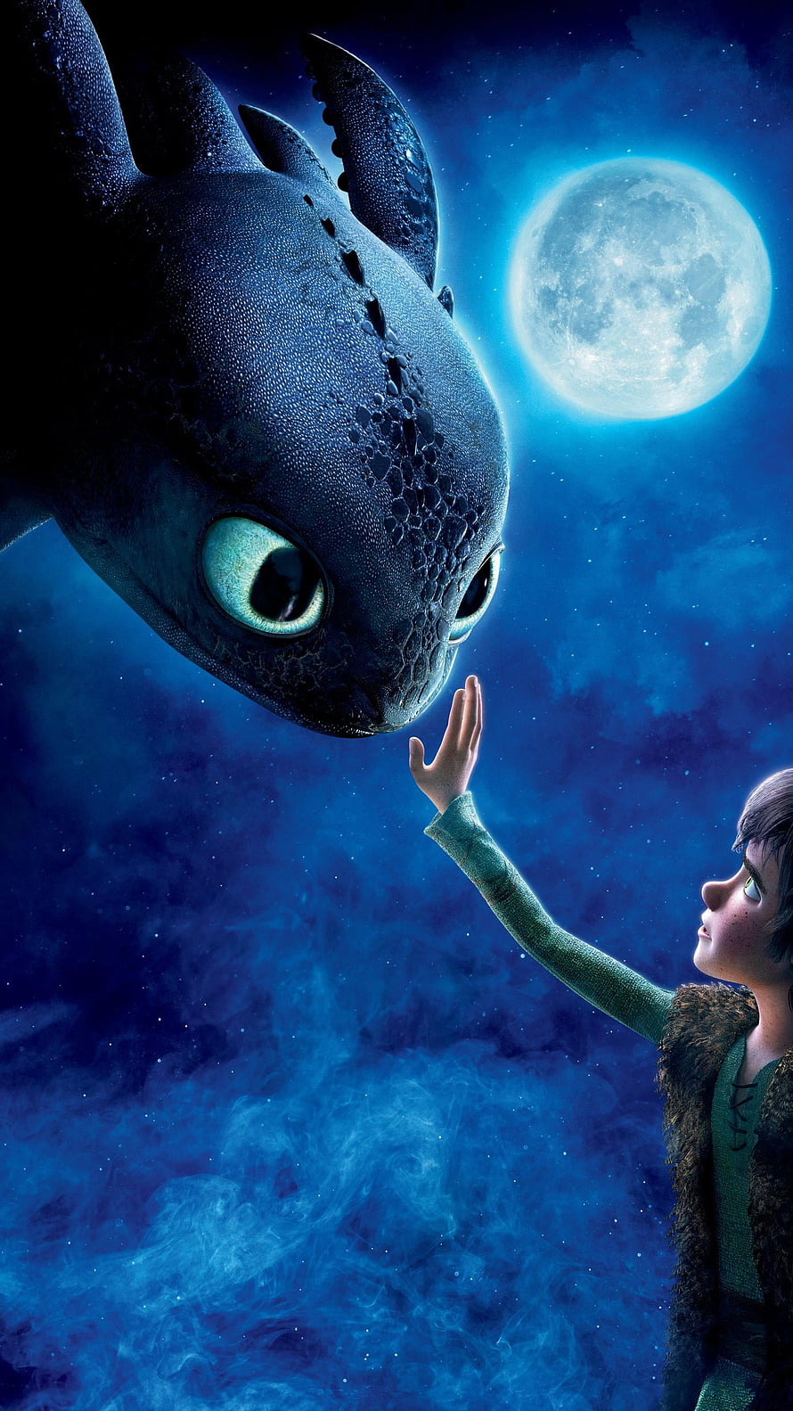 Hiccup and Toothless Reaching Out Under a Full Moon in How to Train Your Dragon HD phone wallpaper