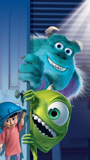 Monsters Inc Sulley Mike Wazowski and Boo Peeking Through Doorway HD phone wallpaper