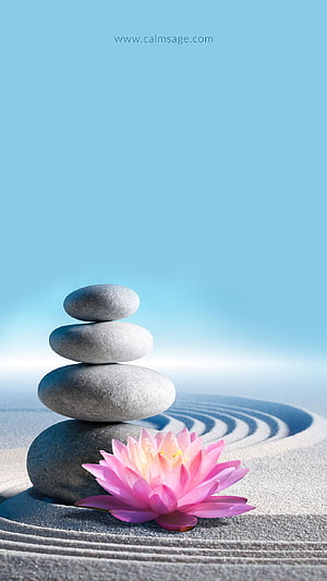 Serene Zen Garden with Stacked Stones and Pink Lotus Flower HD phone wallpaper