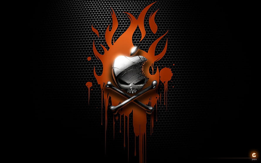 Flaming Apple Skull and Crossbones Logo on Dark Metal Mesh Background HD wallpaper