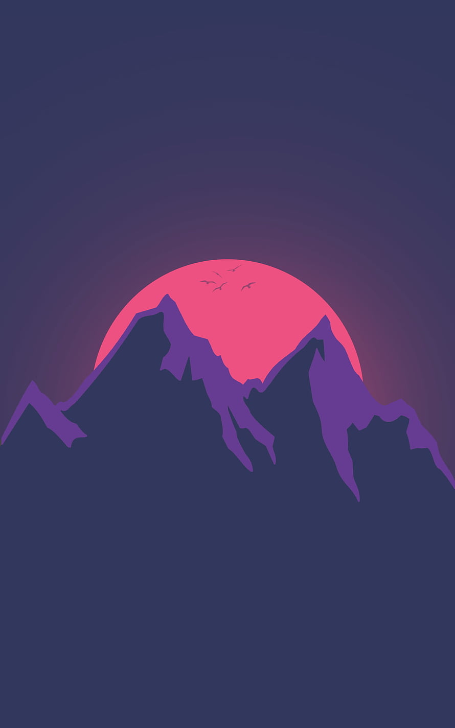Minimalist Flat Design Mountain Landscape with Pink Sunset and Birds HD phone wallpaper