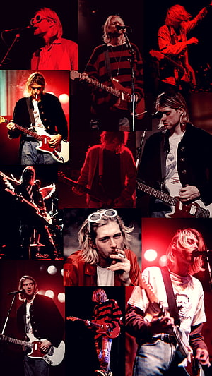Kurt Cobain Nirvana Live Performance Collage with Red Stage Lighting and Electric Guitar HD phone wallpaper
