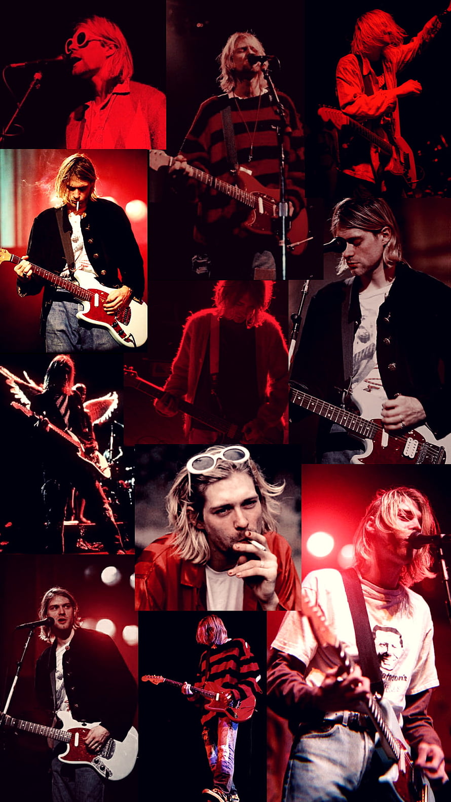 Kurt Cobain Nirvana Live Performance Collage with Red Stage Lighting and Electric Guitar HD phone wallpaper