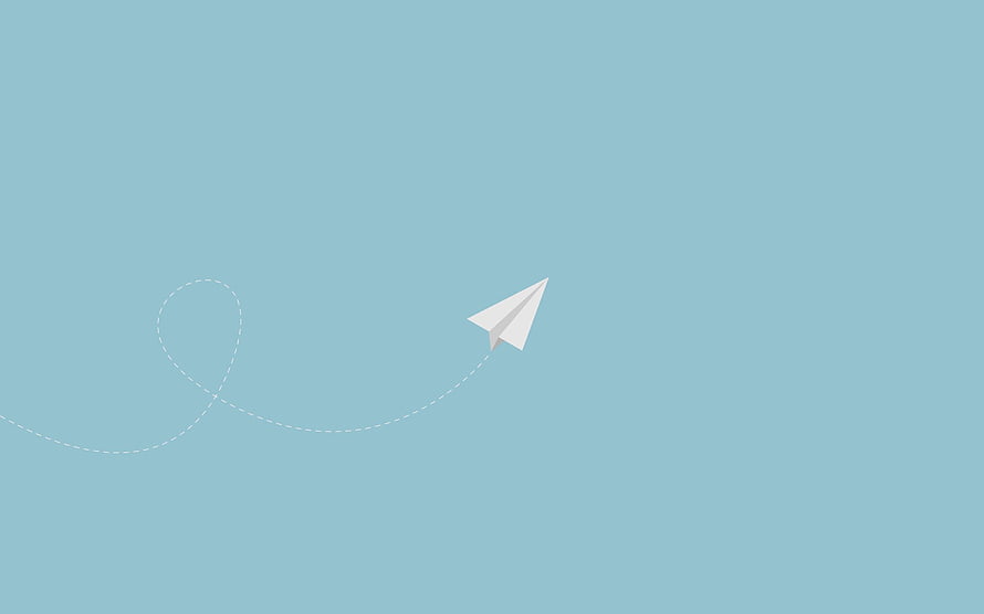 Minimalist Paper Airplane with Dashed Flight Path on Soft Blue Background HD wallpaper