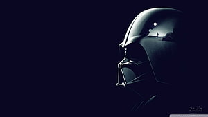 Darth Vader Helmet Profile with Distant Figure and Moon in Dark Star Wars Scene HD wallpaper