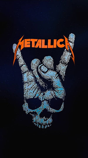 Metallica Logo with Skeletal Hand Making Devil Horns on Dark Background HD phone wallpaper