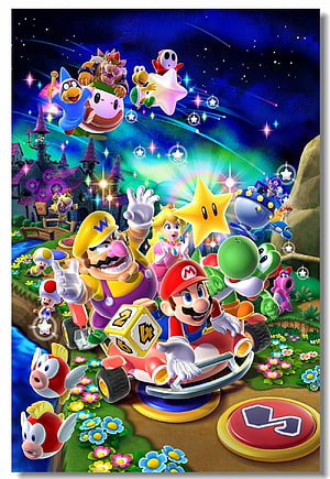 Super Mario Party Island Tour Key Art Featuring Mario, Luigi, Peach, and Bowser Racing on a Vibrant Course HD phone wallpaper